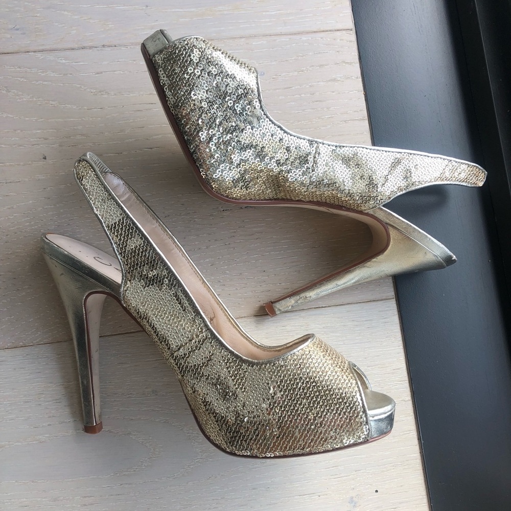 Caparros Women Gold Sequin Metallic Heels